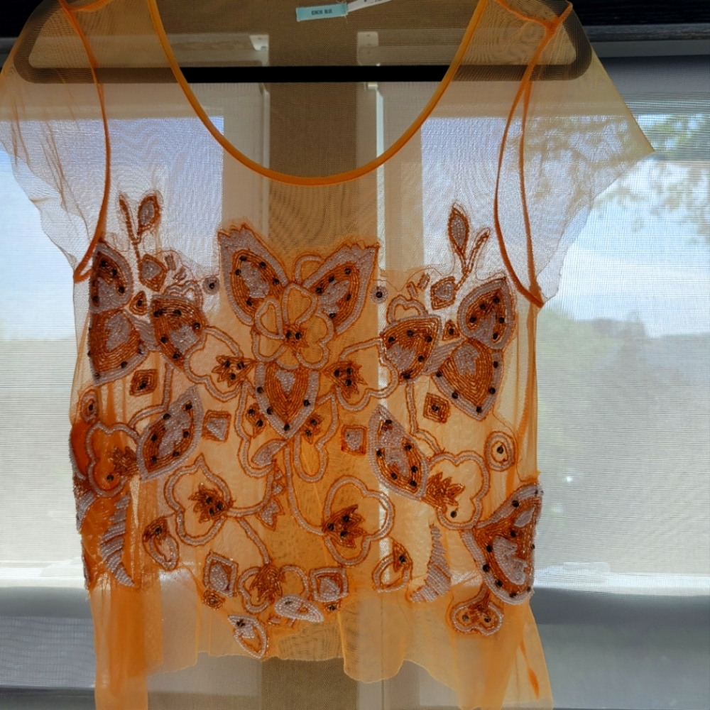 Sheer Orange/Peach short sleeve embellished detail top from Anthropologie